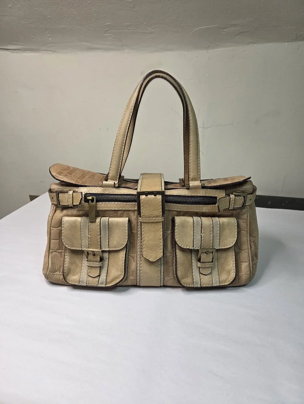Carolina Herrera Beige Croc-Embossed Leather Satchel with Front Pockets